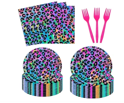96 шт. неоновая радужная леопардовая посуда набор для 24 гостей, блестящий гепардовый принт - Изображение 1 из 4