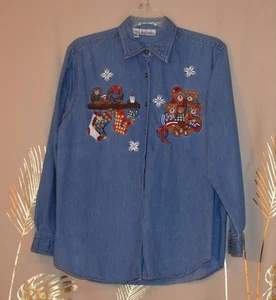 RAFAELLA DAMEN MEDIUM WEIHNACHTEN BESTICKT JEANSHEMD - TEDDYBÄREN, STRÜMPFE - Bild 1 von 6