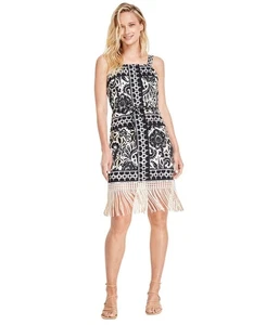 Tahari ASL Women's Border-Print Fringe Sheath Dress (Black/White, 6) - Picture 1 of 6