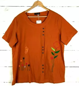 NWT E-Retro Size XL Floral Butterfly Embroidered Orange Top Buttons Shirt U38 - Picture 1 of 8