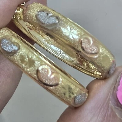 14k solid Gold hoop earrings diamond cut hearts 1.25 inches long medium  - Image 1 of 4