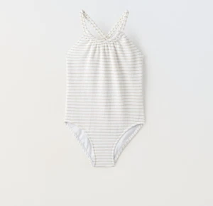 NWT Zara KIDS/ JACQUARD Gold White One Piece SWIMSUIT size 13-14 - Picture 1 of 5