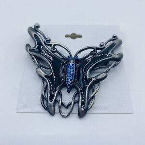 Butterfly Brooch Metal Silver Tone Rhinestone Blue