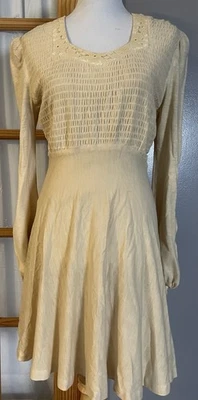 70s Jody T of California Smocked Dress Sz 7 Beige Tie Back Balloon Sleeve Modest - Image 1 of 4