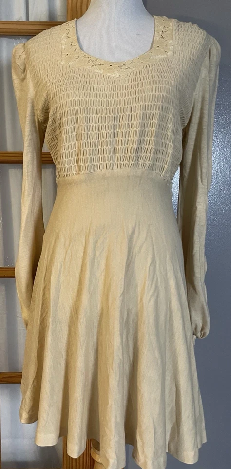 70s Jody T of California Smocked Dress Sz 7 Beige Tie Back Balloon Sleeve Modest - Image 1 of 4