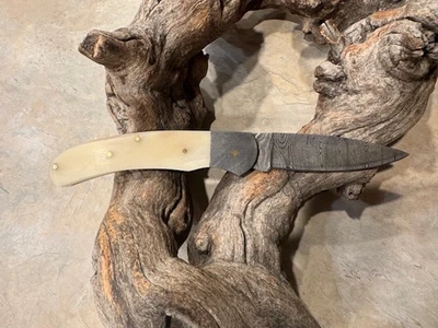 Big Damascus folding blade knife w/ White Bone handle - Image 1 of 4