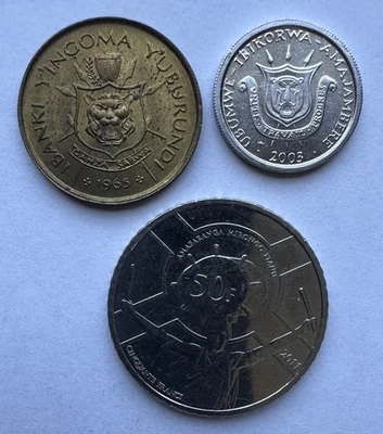 3 PIECE LOT BURUNDI COINS 1965 FRANC 2003 FRANC & 2011 50 FRANCS UNCIRCULATED - Image 1 of 2