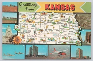 Greetings from Kansas Pictorial State Map Airplanes State Capitol Postcard - Picture 1 of 2