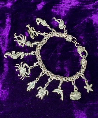 Ocean Theme Charm Bracelet Silver Pewter interchageable Charms 8" Sea Turtle - Image 1 of 4
