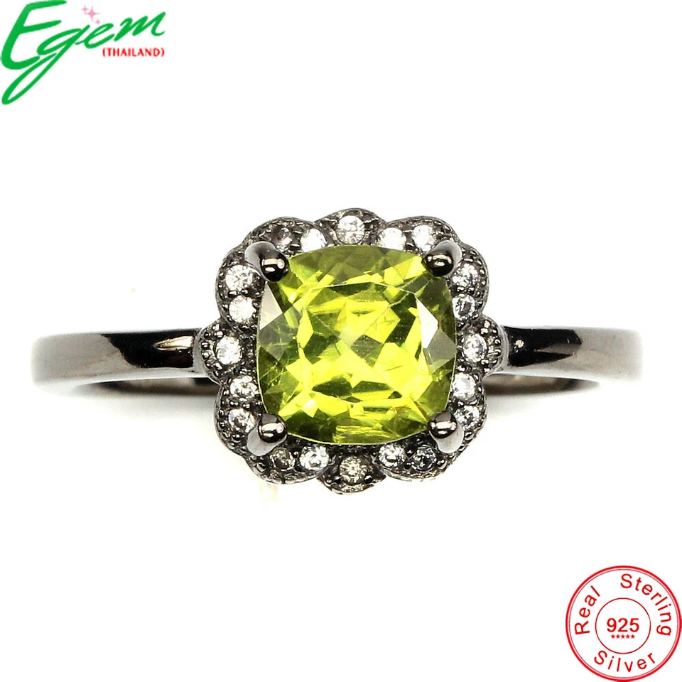 925 Anello Argento Sterling Cuscino Peridoto 7mmNatural Gemma Gioielli Misura 9 - Immagine 1 di 4