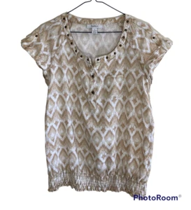 Style & Co. Damen Top Bluse 6 hellbraun weiß 100% Leinen gesmokte Taille - Bild 1 von 6