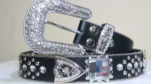 Women's Rhineston Crystal Crystal Western Bling Leather Belt Size LG. Black - Picture 1 of 9