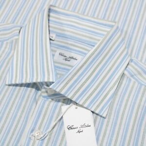 Cesare Attolini NWT Dress Shirt Sz 44 17.5 Blue/Green/White Stripes Linen Blend
