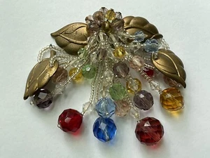 Floral Haskell Brass Leaves and Glass Faceted Bead Brooch Dangle Charm Sewn - Picture 1 of 6