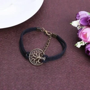 NEW Tree Of Life Bracelet Bronze Black Leather Fashion Jewellery Cuff Overlay - Picture 1 of 5
