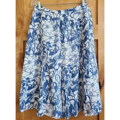 JM 100% Linen Blue White Midi Skirt Sz 10 Summer Coastal Grandma Floral Zip Up - Image 1 of 4