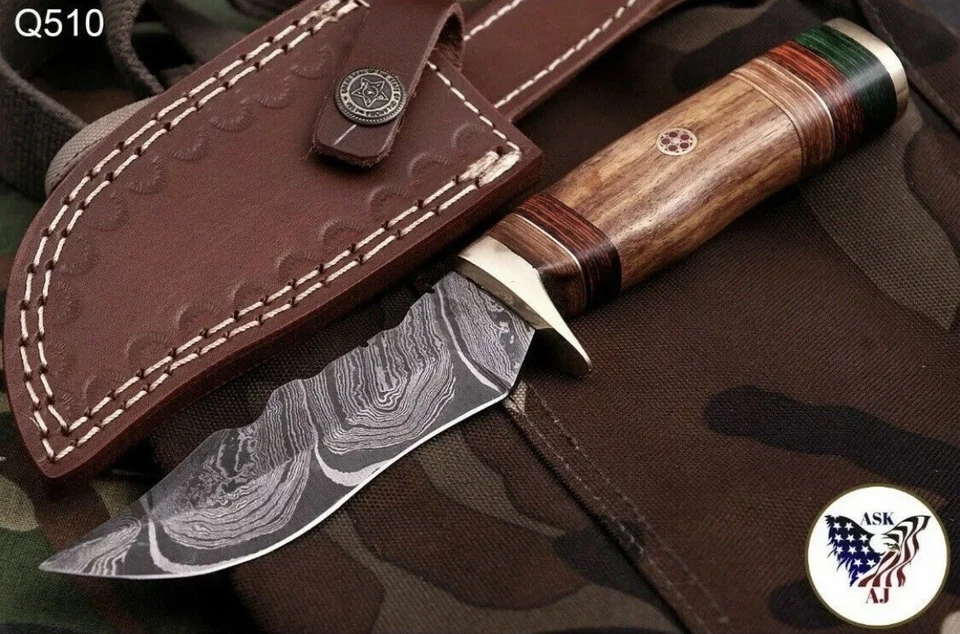 Custom Handmade Damascus Steel Bowie Hunting Knife Wood Handle Leather Sheath