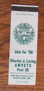 FRATERNAL AMVETS OF WWII MATCHBOOK COVER: PORTLAND, MAINE 1959 MATCHCOVER -B9 - Imagen 1 de 2