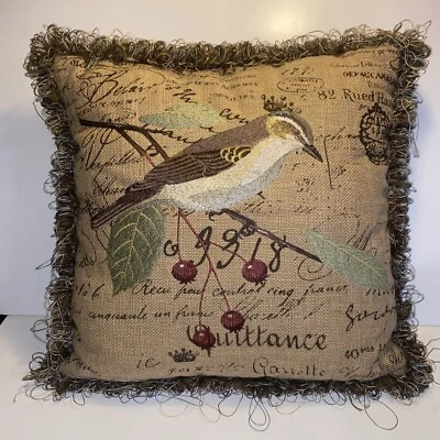 Embroidered Avian Bird Throw Pillow 16x16” looped fringe burlap/hemp French Word - Image 1 of 4