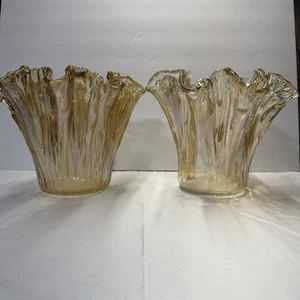 Murano Glass Vases - Pair of Antonio Tammaro Hand Blown Amber Ruffled MCM Vases - Picture 1 of 8