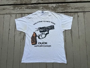 Vintage 90s Welcome To New York Duck! Mother F#cker Revolver Handgun T-Shirt L - Picture 1 of 3
