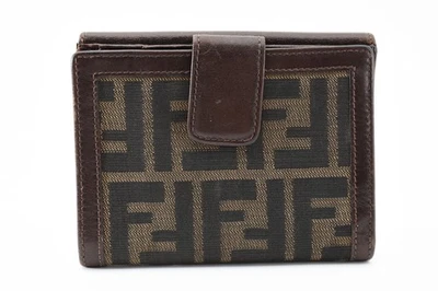 Cartera monedero plegable FENDI Zucca de lona de cuero marrón solapa #A275 Foto 1 de 4