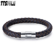 TTStyle Thick Brown Leather Stainless Steel Clip-On Buckle Bracelet NEW