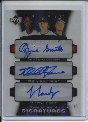2005 UPPER DECK TRILOGY OZZIE SMITH JJ HARDY GREENE TRIPLE AUTO SIGNED #D/35 - Image 1 of 2