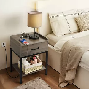 Comodino a 2 livelli con stazione di ricarica e cassetto per tavolino camera da letto - Foto 1 di 9