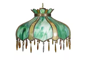 Antique Victorian Green Slag Glass Drop Crystal Swag Light Chandelier Shade 24" - Picture 1 of 12