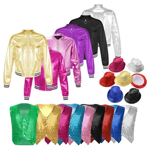 Kids Girls Boys Metallic Bomber Moto Jacket Coat Hip Hop Jazz Dance Top Disco - Picture 1 of 188