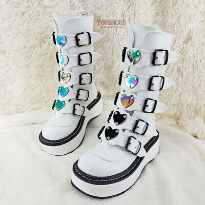 Emily 330 White Matte 2" Platform Mid Calf Heart Combat Punk Boots DEMONIA - Image 1 of 4