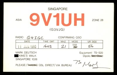 QSL Card Radio Singapore 9V1UH op Mark Deutsch 1980 ≠ B683 - Image 1 of 2