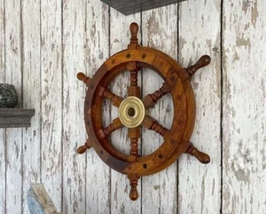 Wooden Nautical Brass Ship Wheel 12 Inch - Nautical Home Handcrafted Decoration - Picture 1 of 4