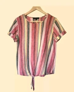 Vertical Stripe Rainbow T-Shirt Top 70s Style ☆Colorful☆ Tie-Front Tee Sz S - Picture 1 of 6