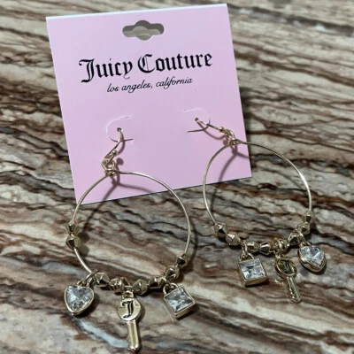 Juicy Couture Joyería Alambre Dorado Aro Pendientes Dije Llave Corazón Transparente Cristal 31mm Foto 1 de 4