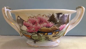 Hand Painted Gilt Porcelain Rice Soup Bowl Mountain Scene Huts Cherry Blossoms - Picture 1 of 10