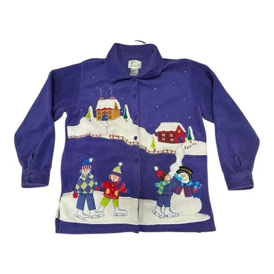 The Quacker Factory M Cardigan Sweater Embroidered Winter Skating Button Down - Image 1 of 4