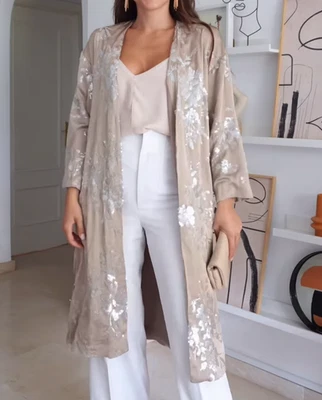 Zara Sequin Floral Satin Kimono Coat Beige Silver Size XS-S M-L 3162/850 New - Image 1 of 4