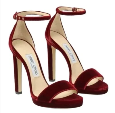 NUEVO Jimmy Choo Misty 120 Tacones con Correa de Terciopelo Rojo Foto 1 de 4