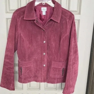 Chico's Design Jacket Sz 2 Magenta Suede Leather Designs Snap Front Zip Pockets - Image 1 of 4