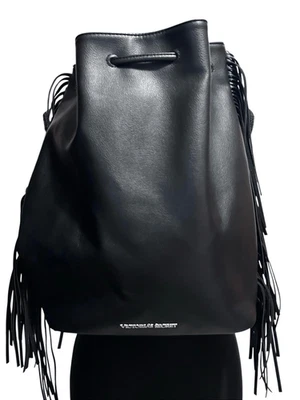 Victoria’s Secret Black Drawstring Fringed Backback Tote Faux Leather NWOT - Image 1 of 4