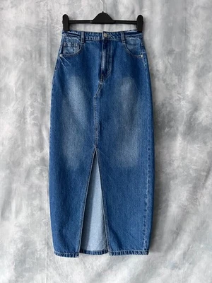 Nueva Maxi Falda BOOHOO 100% Algodón Azul Denim Cintura Alta Piso Dividido Larga Talla 10 Foto 1 de 4