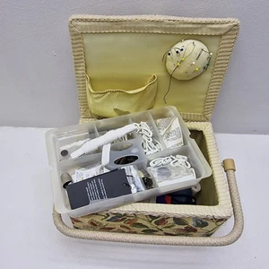 Vintage mid-20th Floral Tapestry Sewing Basket with Tools Threads Hooks - Picture 1 of 10
