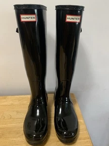 Hunter Original Tall Adjustable Back Gloss Women's Rain Boots - Black US Size 8 - Picture 1 of 5