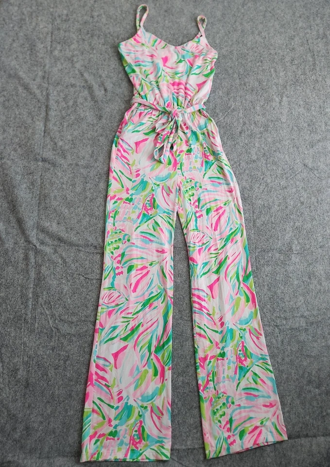 Lilly Pulitzer Arabelle Belted Jumpsuit Women’s 2XS White Pink Pockets Fairy - Image 1 of 4