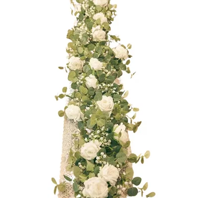 Guirnalda de eucalipto artificial blanca de 5,91 pies con flores, rosa falsa Gypsophila Foto 1 de 4