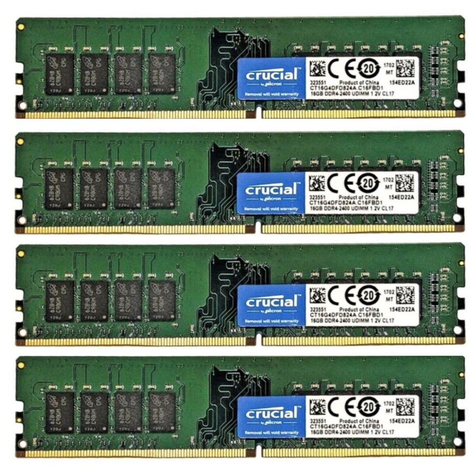 New Crucial 64GB (4X16GB) DDR4 2400MHz PC4-19200 UDIMM Memory Ram CT16G4DFD824A - Image 1 of 4