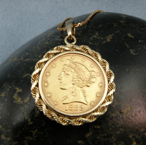 1882 US $5 liberty head gold Half Eagle coin 22K Gold Pendant,14K Gold Bezel Cover