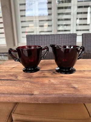 Vintage Royal Ruby Anchor Hocking Footed Creamer & Sugar Bowl USA - Image 1 of 4